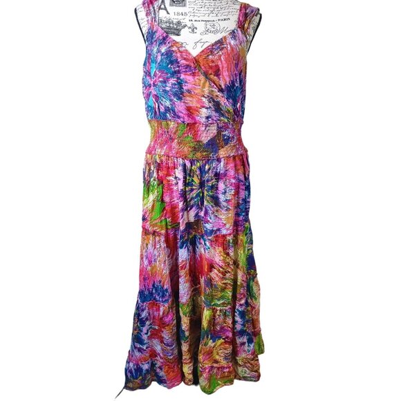 Phool XL Tie Dye Maxi Dress, Sleeveless Ruched Waist Bright, Festival Boho - Picture 1 of 5